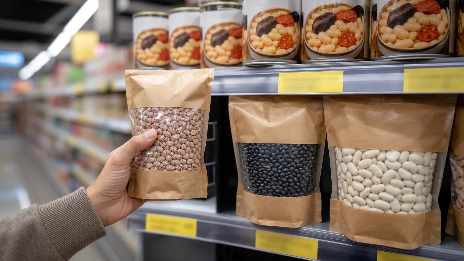 Prateleira de leguminosas em supermercado na Espanha com pacotes de alubias e uma mão segurando Alubia pinta